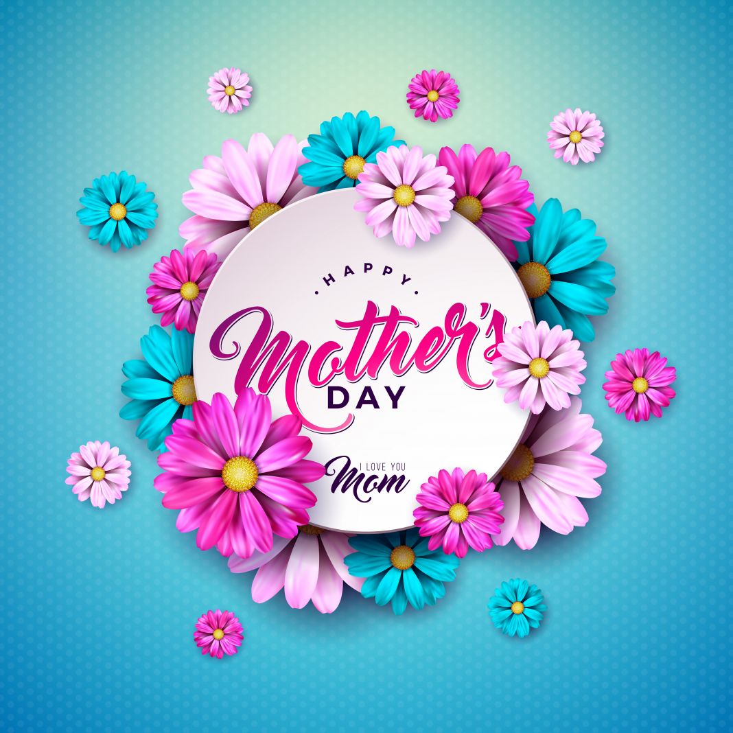 Happy Mother’s Day Greeting Card Design with Flower and Typography Letter on Blue Background. Vector Celebration Illustration Template for Banner, Flyer, Invitation, Brochure, Poster.