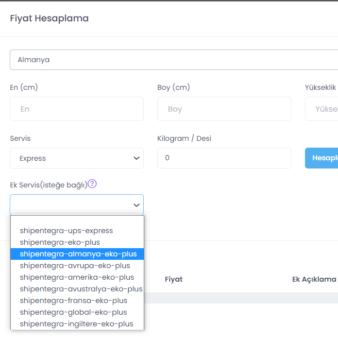 ShipEntegra Fiyat Hesaplama Ekranı